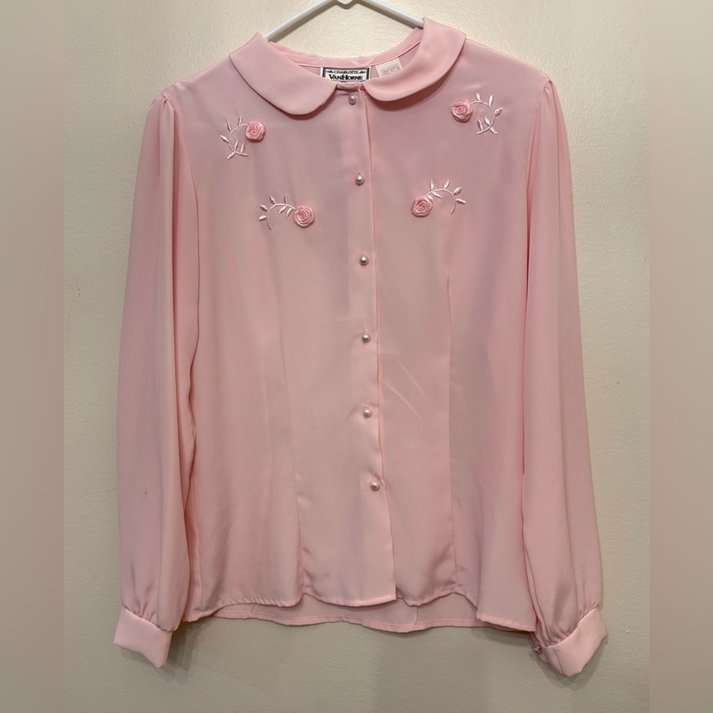Charlotte Vanhorne: Women's medium light pink blouse, with embroidered roses.